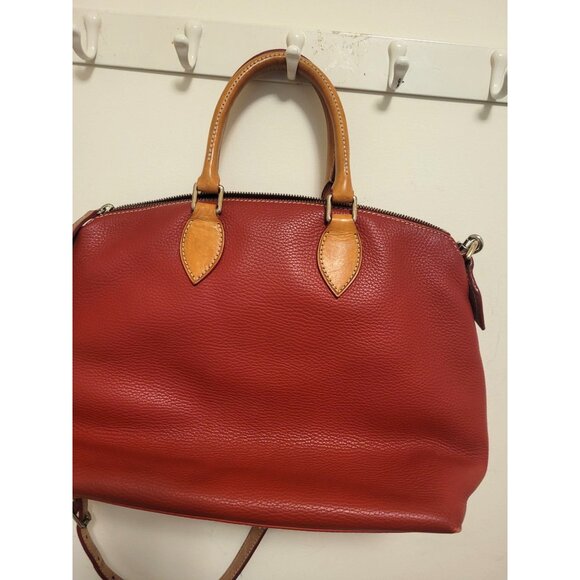 Dooney & Bourke Red Leather Satchel Handbag Tan Trim 2 handle & Shoulder Strap - Picture 2 of 10